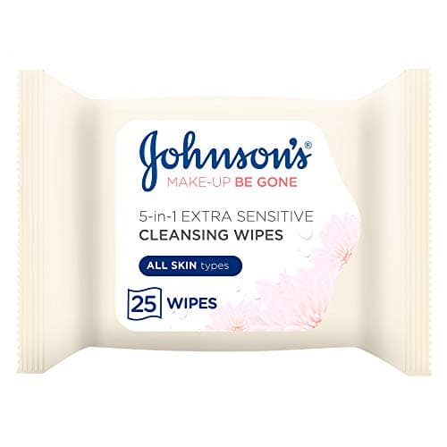 Image of Johnson’s Make-Up Be Gone 5-in-1 Extra-Sensitive Cleansing Wipe, Gently Remove up to 99% of Makeup, Including Waterproof Mascara, Pack of 25 Wipes