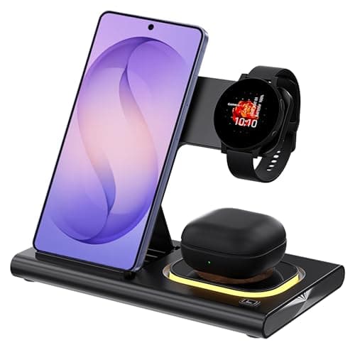 Image of 4 in 1 Fast Wireless Charger for Samsung Charging Station Android Phone Multiple Devices LED Light Dock Charger Stand for Samsung Galaxy S26 Ultra S25 S24 S23 S22 Z Flod7/6 Watch 8 7 earbuds (Black)