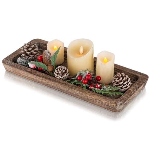 Image of Romadedi Rectangle Wooden Decorative Tray：Rustic Wood Table Decor Tray for Centerpiece Living Dining Room Farmhouse Decoration Candle Platter，40cm