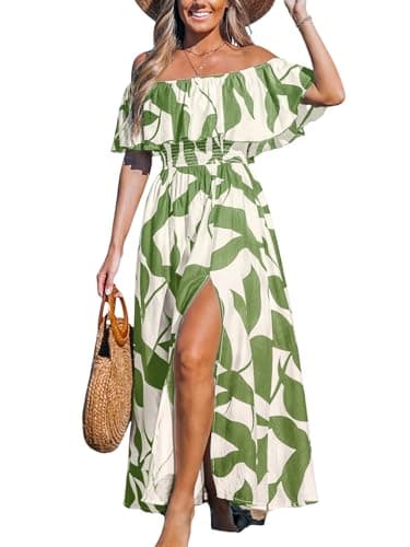 Image of CUPSHE Women's Midi Dress Paisley V Neck Ruffled Boho Short Sleeve High Waist A Line Casual Summer Dresses Green White L