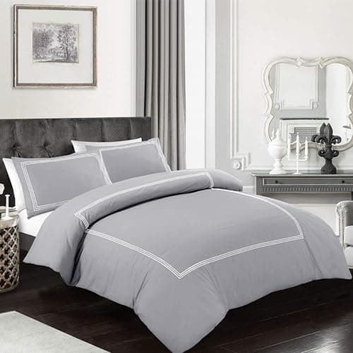 Image of My home store Embroidered Duvet Cover Set Hotel Quality 200TC Bedding Set Soft Breathable 100% Poly Cotton Quilt Cover with 2 Pillowcases (Grey, King)