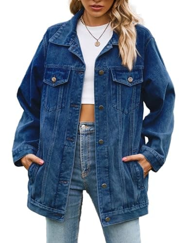 Image of Sukany Women's Casual Denim Jacket Oversized Button Up Turn Down Collar Loose Long Sleeve Mid Long Coat Dark Blue M