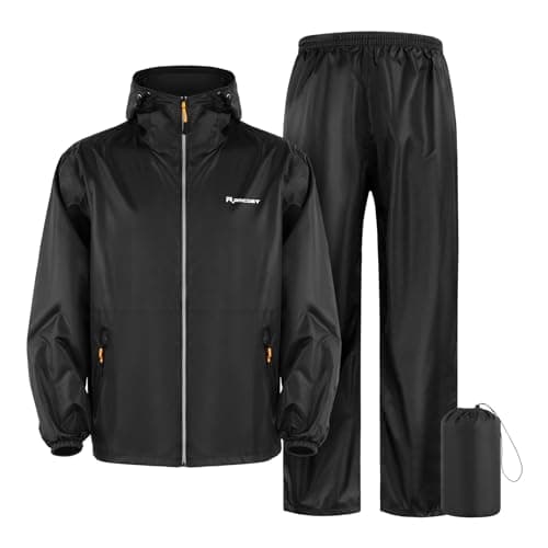 Image of SOPPY Waterproof Rainsuit Jacket Pants Suits, Hooded Rain Jacket Waterproof Rain Coat with Trousers, Packable Raincoat Sets with Carrying Bag for Fishing Hiking Camping (Black, XL)