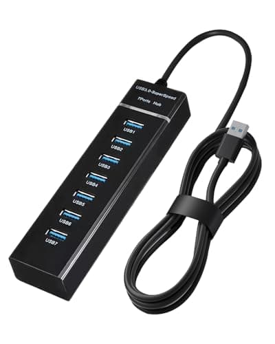 Image of 7 Port USB 3.0 Hub Powered Aluminum Multi USB Port Splitter Adapter with 1M Extension Cable, SuperSpeed 5Gbps Data Transfer & Charging Desktop USB Extender for PC, Mac, Laptop, PS4, Xbox