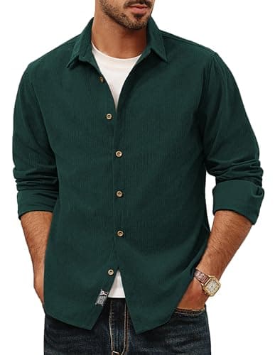 Image of PJ PAUL JONES Men's Shirt Standard Design Corduroy Long Sleeve Button Up Casual Wear Dark Green XXL
