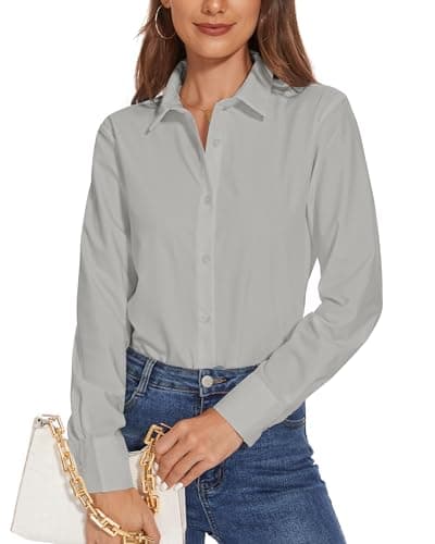 Image of SPRING SEAON Womens Dress Shirts Long Sleeve Button Down Blouse Collared Regular Fit Wrinkle Free Office Work Casual Tops Ladies Work Shirt Grey