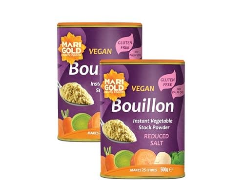 Image of Marigold Reduced Salt Vegetable Bouillon Powder, 500g (Pack of 2) – Instant Vegan Stock Powder, 37% Less Salt, Natural Ingredients, Gluten-Free – Perfect for Soups, Stews & Sauces.