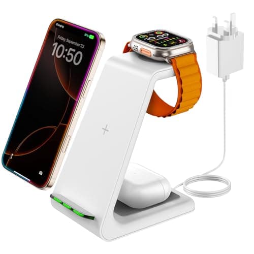 Image of GEEKERA Wireless Charger, 3 in 1 Wireless Charging Station for iPhone Air/17/16/15/14/13/12/11/Pro Max/X/8, Phone and Watch Charger Stand for Apple Watch Ultra 3-2/11-2/SE, AirPods Pro/4/3/2, White