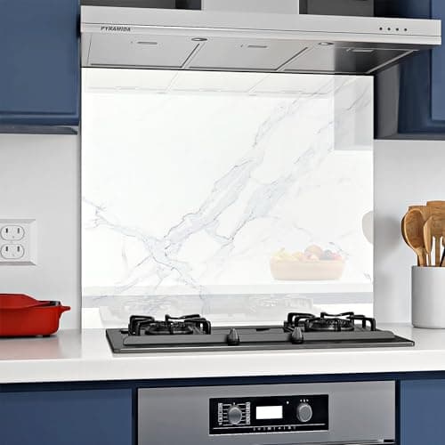 Image of Home Supplies Tempered Glass Splashback for Kitchen, 6mm Toughened Glass Heat Resistant Splashbacks for Cookers (70X90, White Marble Glass)