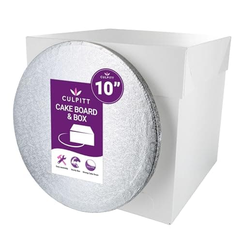 Image of Culpitt 10" Round Silver Cake-Board & Tall White Cake-Box Combo, 10 x 10 x 10 Inch Square Box and Matching Circle Set For Tiered or Decorated Transport