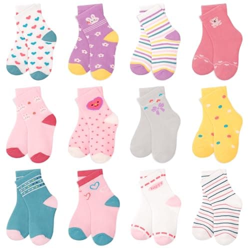 Image of GENTABY 12 Pairs Girls Cotton Toddlers Socks Kids Socks with Cute Cartoon Designs Cosy Breathable for 1-3 Years