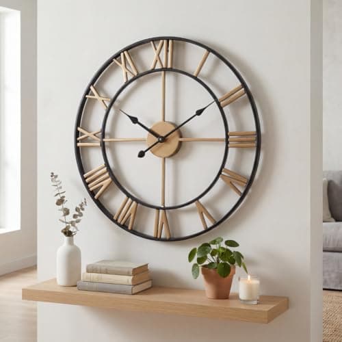 Image of Heaven4you Medium Skeleton Metal Roman Numerals Wall Clock Open Round Face for Living Room – Silent – Ready to Hang with Hook & Instructions for Hands Gold/Black 47cm/18.5inch