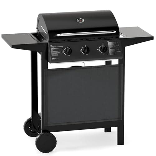 Image of TANGZON 3 Burner Gas BBQ, 24,000 BTU Outdoor Barbecue Grill with Lid, Built-in Thermometer, Stainless Steel Grates, 2 Side Tables & Storage Shelf, Gas BBQ Trolley Family Sized Cooking Area for Camping