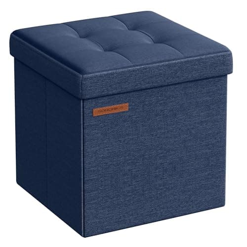 Image of SONGMICS Storage Ottoman, Foldable Small Ottoman Foot Rest, 30 x 30 cm Foot Stool, Ottoman with Storage, Load up to 130 kg, for Living Room, Bedroom, Dorm, Midnight Blue LSF028Q52