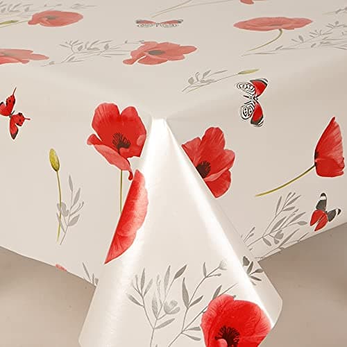 Image of Home Expressions Red Poppies and Butterflies on Ivory Ground Wipe Clean Vinyl Table Cloth/Protector Textile Backing (140cm x 140cm Square)