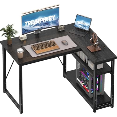 Image of TRIUMPHKEY 100 * 80cm L Shaped Computer Desk with Reversible Large Storage Shelves, Corner Desk Computer Workstation Matching Under Desk Height Adjustable Storage, Home Office Work Table Black