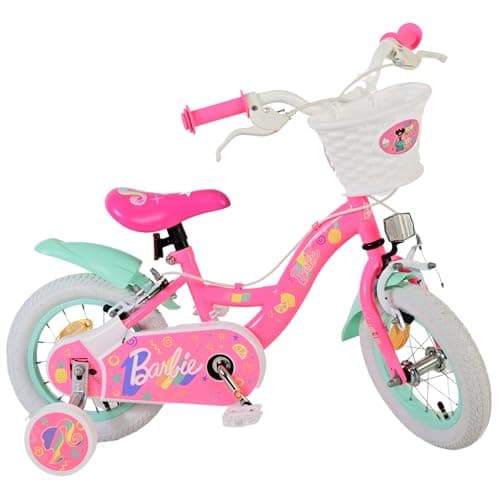 Image of Volare Mattel Barbie Pink Kids Bike | Ideal for Ages 3-4 | 12 Inch Wheel | 2 Handbrakes (Front & Back), Removable Stabilisers & Pedal Reflectors | Adjustable Height | Handlebar Basket | Gift for Girls