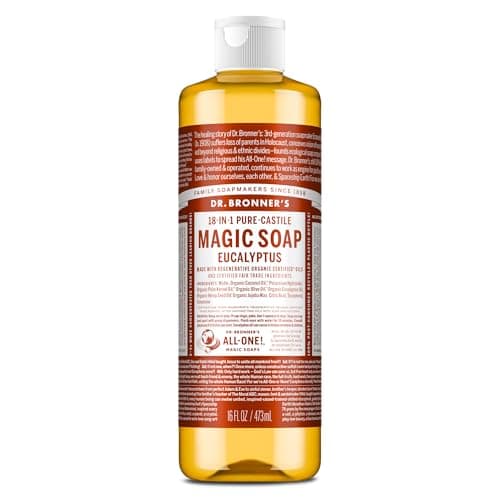 Image of Dr Bronner's 18-in-1 Eucalyptus Pure Castile Liquid Soap, Made with Organic Oils, Used for Face, Body, Hair, Laundry, Pets and Dishes, Certified Fair Trade & Vegan Friendly, 473ml Recycled Bottle