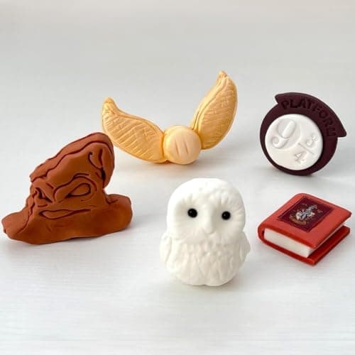 Image of Harry Potter Cake Toppers Set - Kids Magical Wizard Birthday Cake Decoration Supplies - Hedwig Owl Snitch Hogwarts Notebook Snoring Hat Platform Badge - Comes with an Logo as Extra Gift - 5 Pcs