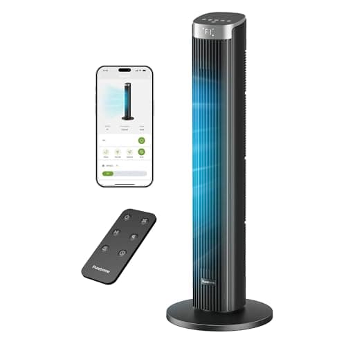 Image of Pureborne Tower Fan, Power Saving Indoor Standing Fan, Efficient Cooling, Adjustable Speed Gears, Quiet Operation, 90° Oscillating, Long Timer, Black
