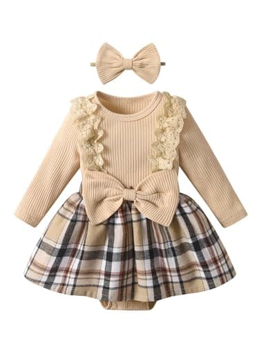 Image of Zoputey Infant Baby Girls Dress Long Sleeve Plaid Print 2Pcs Outfit Sets, Beige, 0-3 Months