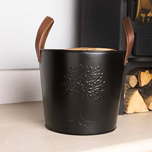 Image of CHARLES BENTLEY Bucket, Snug, Mulberry, Wood Bucket, Timeless Style, Iron, Small Bucket, 4kg Capacity, Real Leather, Iron, Log Bucket, Timeless Style, Contrasting Colour Handles (46x45x36cm)