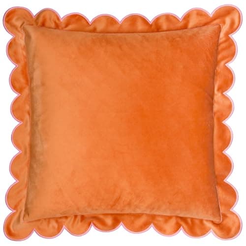 Image of furn. Lil Scallop Cushion Cover – Colourful Velvet Piped Scalloped Edge Decorative Case (Orange/Pink – 45x45cm)