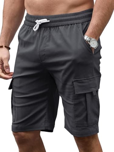 Image of TMEOG Mens Cargo Shorts with Multiple Pockets Summer Mens Casual Shorts Elasticated Waist Drawstring Work Hiking Shorts(Dark Grey,L)