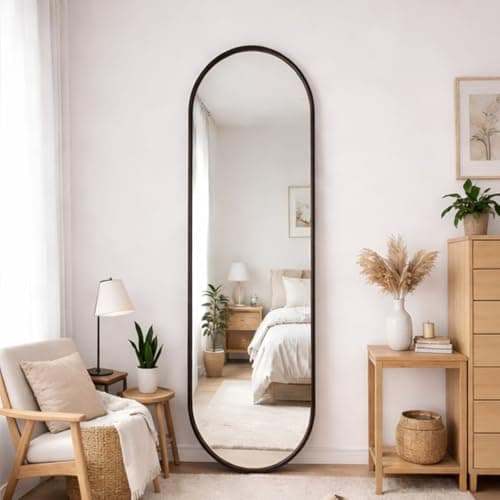 Image of GREENSAPPIRE Full Length Oval Mirror 160×50cm – Free Standing Aluminium Alloy Tempered Glass Floor Mirror, Large Wall-Mounted Hanging Mirror for Bedroom, Living Room, Hallway (Black 150 * 40cm)