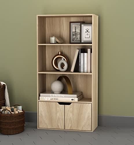 Image of URBNLIVING 4 Tier Wide Wooden Bookcase Cupboard with 2 Doors Storage Shelving Display Shelf Cabinet Unit (Oak with Oak Doors)