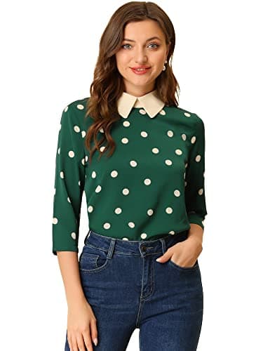 Image of Allegra K Women's Polka Dots Contrast Peter Pan Collar Top 3/4 Sleeves Blouse Shirt Dark Green S-8