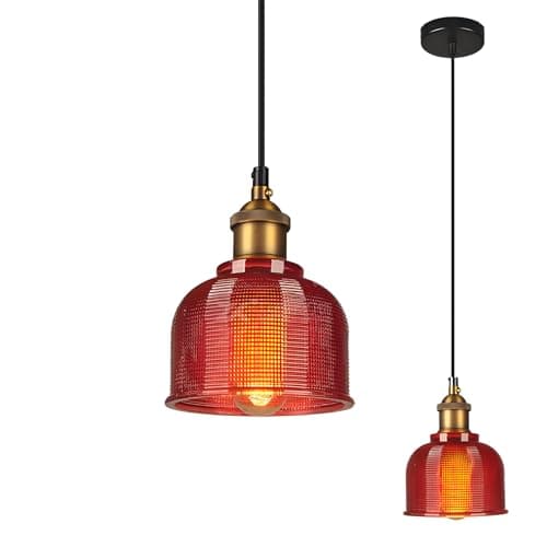 Image of LFsem Industrial Vintage 15cm Glass Pendant Light Fixture, Antique Bronze E27 Base, Height Adjustable Loft Bar Ceiling Hanging Light for Dining Room Kitchen and Bedroom (Red)