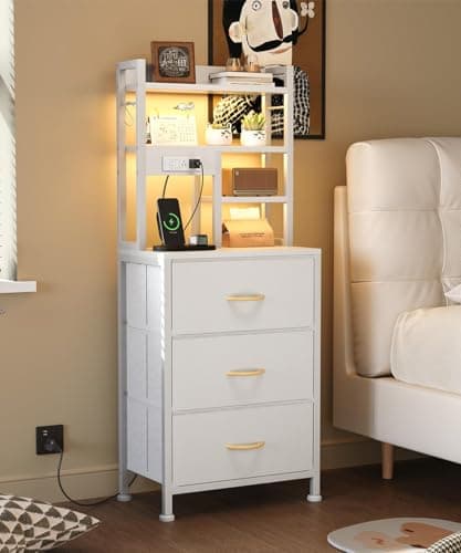 Image of MUTUN Bedside Table with Charging Station and LED Lights, Tall Nightstand with 2 Outlets and 2 USB Ports, Sofa Table with 3 Fabric Drawers and Bookshelf for Living Room, Bedroom, Office (White)