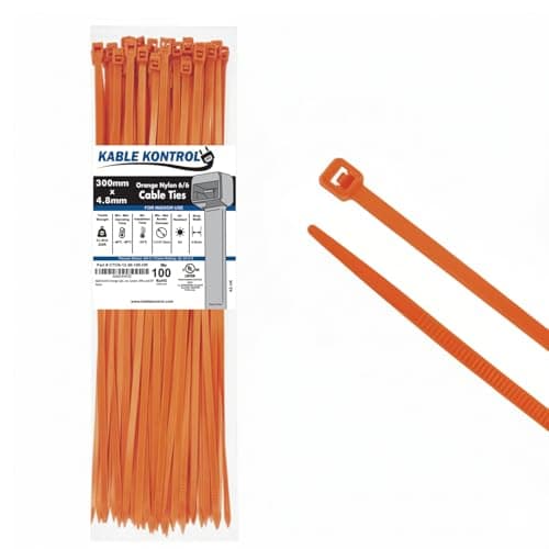 Image of Kable Kontrol Orange Cable Ties, 300 mm x 4.8 mm, Pack of 100, 12" Premium Nylon Zip Ties, Multi-Purpose Plastic Tie Wraps, Secure Self-Locking Mechanism, for Home, Garden, Office and DIY