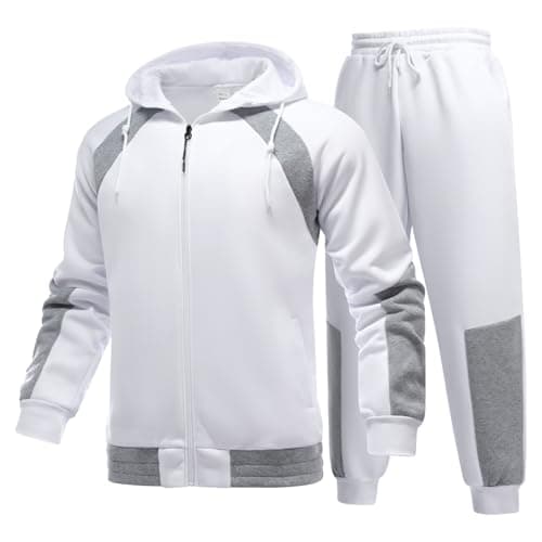 Image of YOUTHUP Men's Tracksuit Set Hoodie Top Jogging Bottoms 2 Pieces Stretch Outfit Sweatsuit Casual Joggers Sports Suit, White, XL