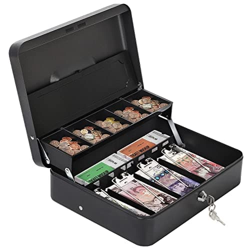 Image of HAITRAL Metal Cash Box with Key Lock, Note and Coin Safe Box, Portable Large Double Layer Cash Box with Fixed Coin Tray and 2 Keys, Money Tin 11.8 X 9.4 X 3.5 Inch, Black