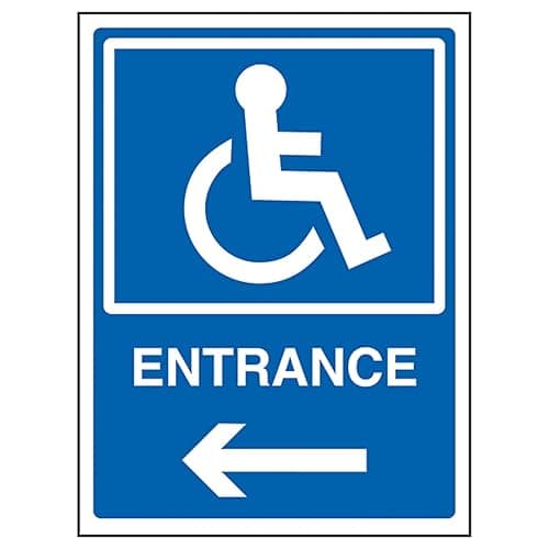 Image of V Safety Disabled Entrance Arrow Left 150 x 200 mm - Blue Rigid Plastic Safety Sign