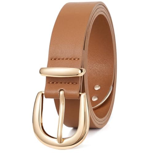 Image of LEACOOLKEY Women Leather Belt for Jeans Pants Ladies Casual Waist Belt Fashion Belt with Gold Buckle 1.1in width,Brown,Fit waist size 39"-45"