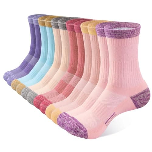 Image of BUDERMMY Walking Socks Womens 6 Pairs Hiking Breathable Cushioned Socks Women Comfortable Anti Blister Casual Crew Socks Ladies Outdoor Multipack Performance Athletic Socks（multicolor 6pack 6-8）