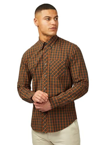 Image of Ben Sherman Men's Signature House Check Shirt, Long Sleeved, Button-Down Collar (Orange) XL