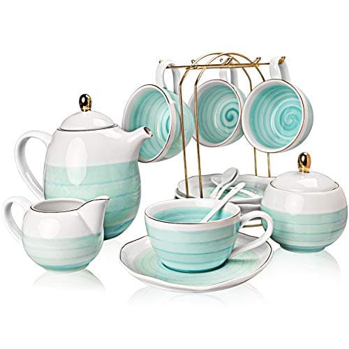 Image of Sweejar Porcelain Tea Sets, 225 ml Cups and Saucer Teaspoon Set of 4, with Teapot Sugar Bowl Cream Pitcher and Tea Strainer for Tea/Coffee,Afternoon Tea Party (Blue)