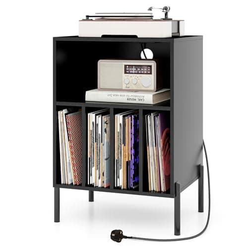 Image of COSTWAY Record Player Stand with Charging Station, Turntable Stand End Side Table with 5 Shelves for 150 Albums, Metal Legs Vinyl Record Storage Cabinet Holder for Living Room Bedroom (Black)