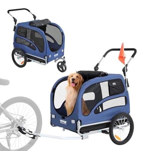 Image of VEVOR Dog Bike Trailer, Supports up to 100 lbs, 2-in-1 Pet Stroller Cart Bicycle Carrier, Easy Folding Cart Frame with Quick Release Wheels, Universal Bicycle Coupler, Reflectors, Flag, Blue/Black