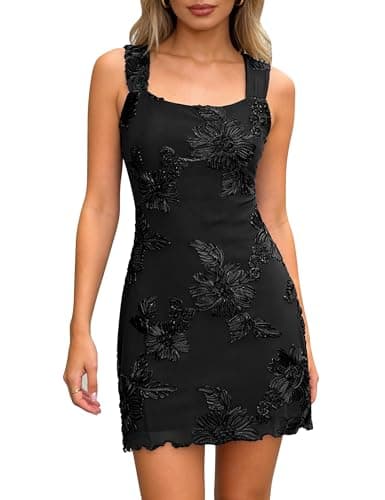 Image of Fengbay Women Floral Embroidery Mini Dress Sexy Square Neck Sleeveless Elegant Slim Fit Short Dress Wedding Guest Party Cocktail Dresses Black