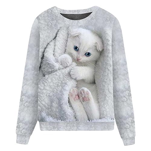 Image of Generisch Women Animal Print Casual Loose Cute Cat Print Long Sleeve Crew Neck Sweatshirt, White, L
