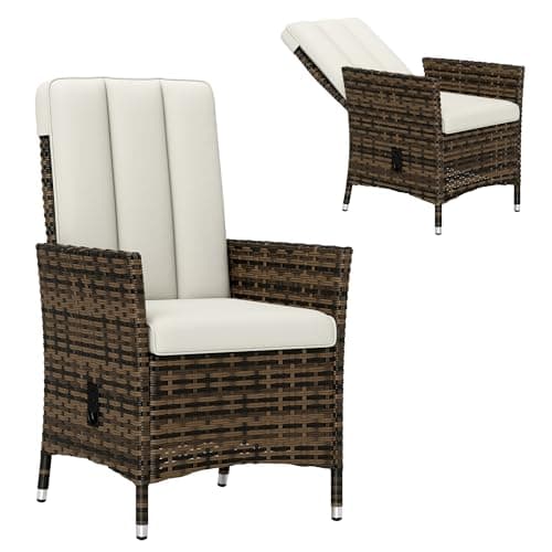 Image of Outsunny Rattan Garden Recliner Chair, Wicker Reclining Armchair with Adjustable Backrest and Cushion, Outdoor Lounge Sun Lounger with Armrests for Patio Balcony Porch, Cream White
