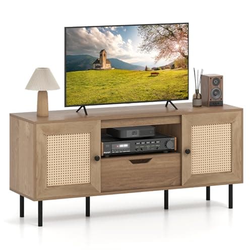 Image of COSTWAY TV Stand Cabinet for 60 Inch TVs, Boho Wooden Media Entertainment Center with Rattan Doors, Drawer and Storage Shelf, 6 Metal Legs TV Unit Console Table for Living Room Bedroom, Natural