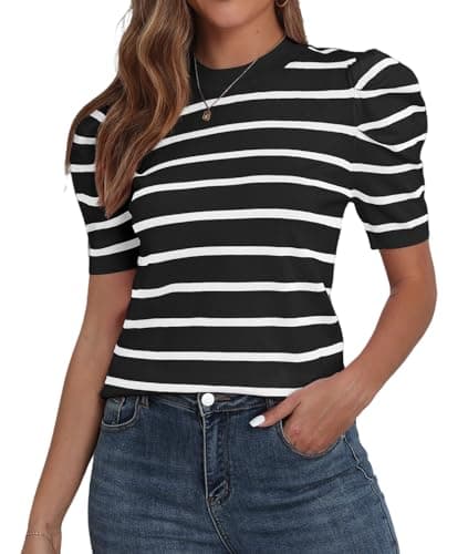 Image of YUNDAI Women's Summer Short Puff Sleeve Tops Crewneck Trendy Knit Slim Fit Striped T-Shirts Casual Blouses, Small Black Stripe White