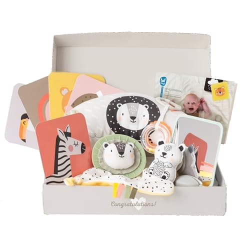 Image of Taf Toys Newborn Gift Set. 12 piece Baby Sensory Box Includes Tummy-time Pillow, Flash Cards, Baby-safe Mirror, Lion Cub and Rattle. Development Kit for Babies. Suitable for Boys & Girls 0 Months +