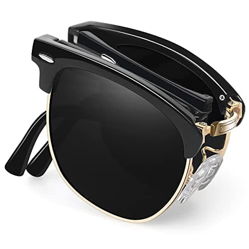 Image of Joopin Semi-Rimless Folding Sunglasses for Men, UV400 Protection Classic Horn Rimmed Fold Up Sun Glasses for Women Half Frame Foldable Sunglasses Polarised for Driving